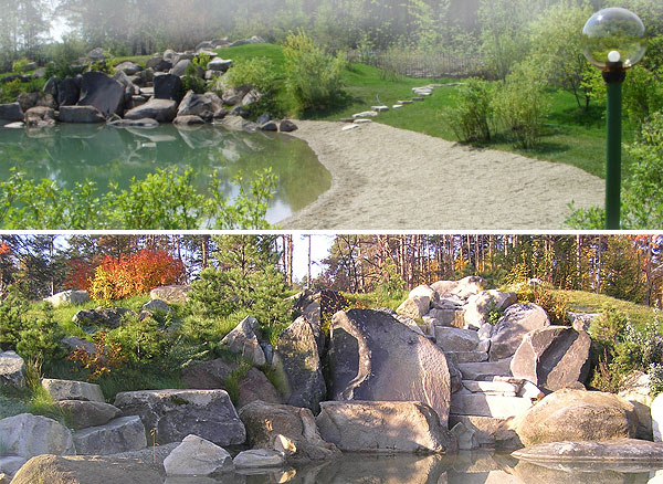 Оформление пруда может быть весьма разнообразным и зависит от выбранной концепции и функционального назначения водоема